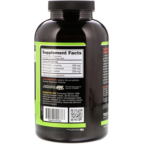 Optimum Nutrition, BCAA 1000 Caps, Mega-Size, 500 mg, 400 cápsulas